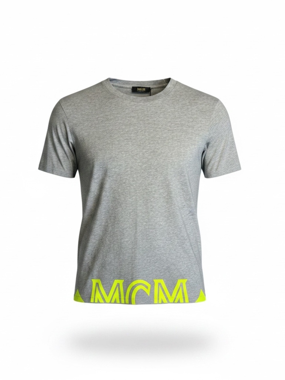 MCM Grey Short Sleeve Crew Neck T-Shirt with Neon Yellow Hem Logo